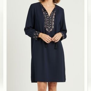 Chicos Embroidered Jeweled Shift Dress Navy Coral Pockets Modal Tassel Church
